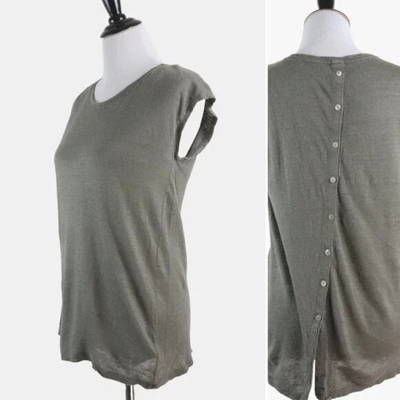 Tahari Size S Linen Fine Knit Button Back Tee Short Sleeve Top Green - Picture 1 of 10